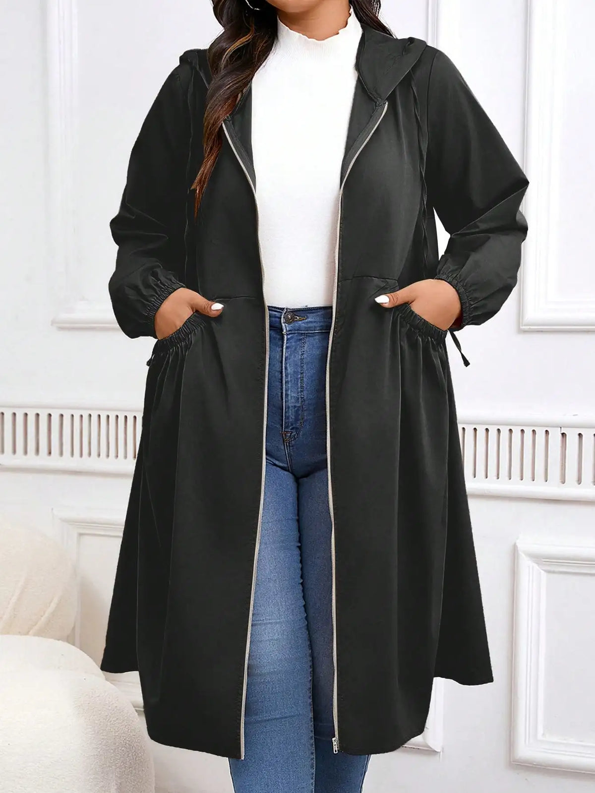 Plus Size Zip Up Hooded Casual Long Sleeve Coat
