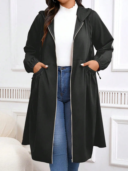 Plus Size Zip Up Hooded Casual Long Sleeve Coat