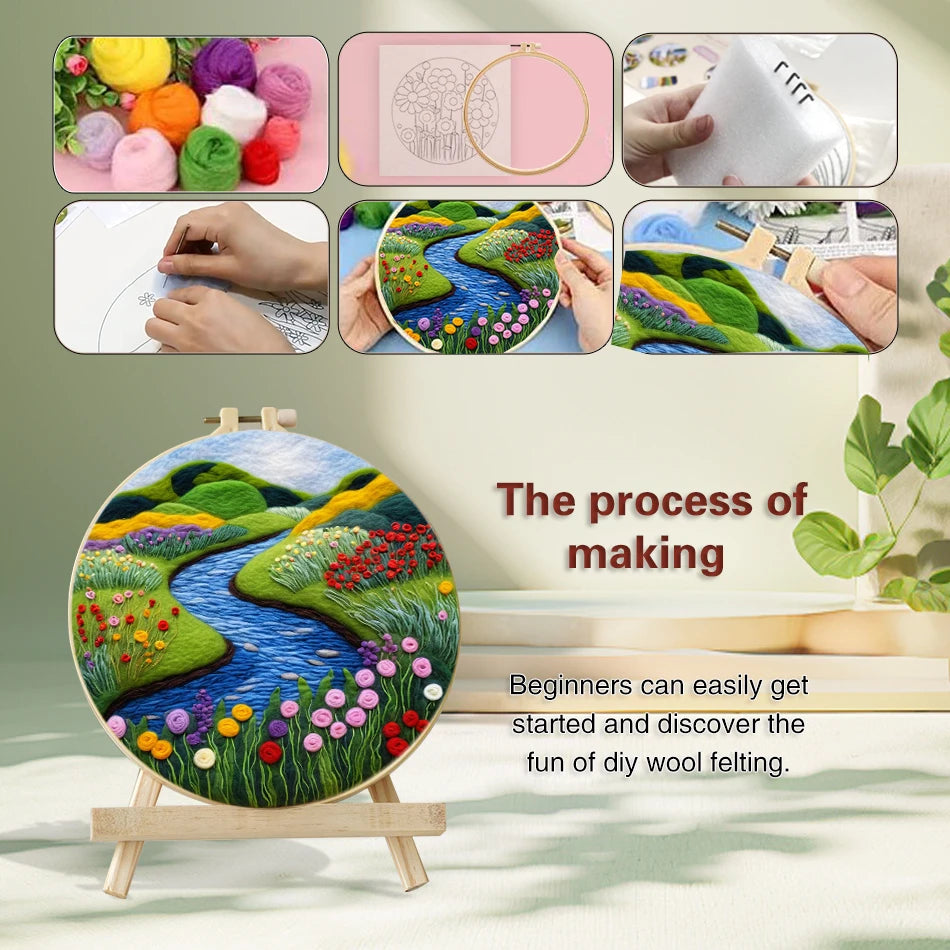 Waterfall Landscape Wool Felting Painting Frame DIY Wool Embroidery Kit