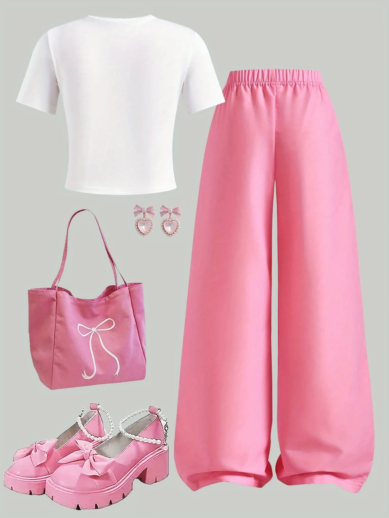 Letter-Print Short-Sleeve T-Shirt and Hot Pink Bow Wide-Leg Pants Set