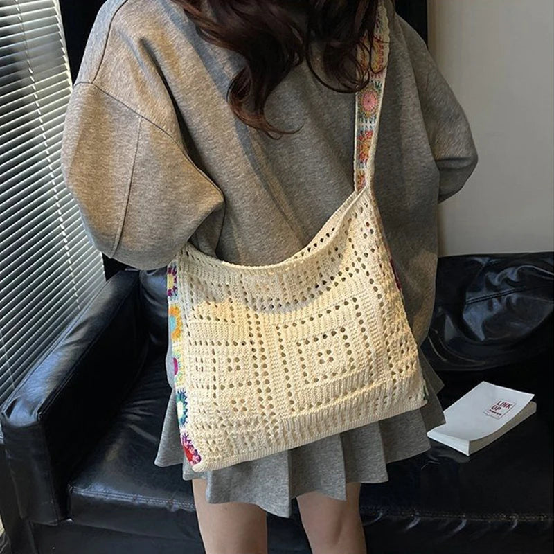 Large Capacity Boho Tote Floral Crochet Handbag