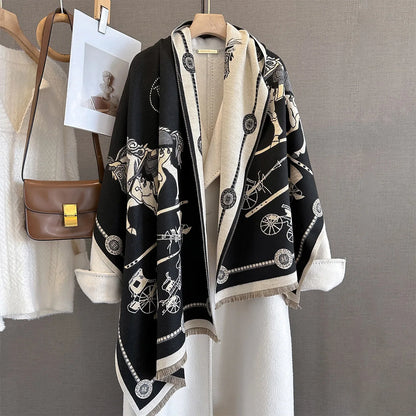 Elegante chal de cachemir con estampado de caballos