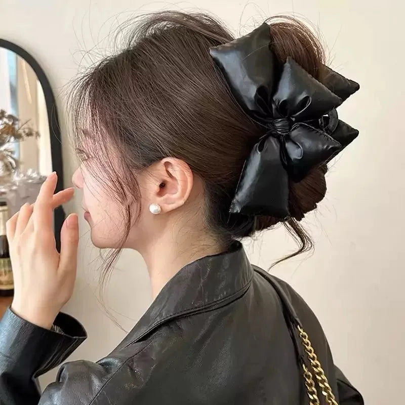 Black Leather Statement Bow Hair Clip