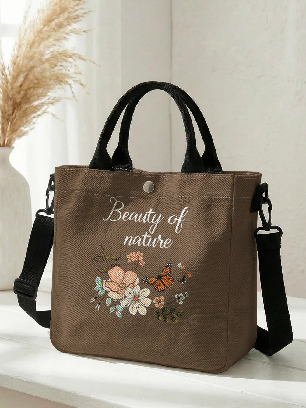 Floral Butterfly Letter Print Brown Canvas Tote Bag