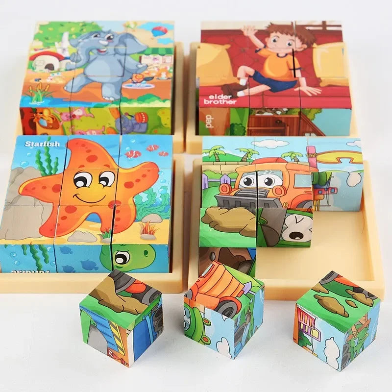 3D cube Wooden puzzle nine pieces six-sided wooden block tray