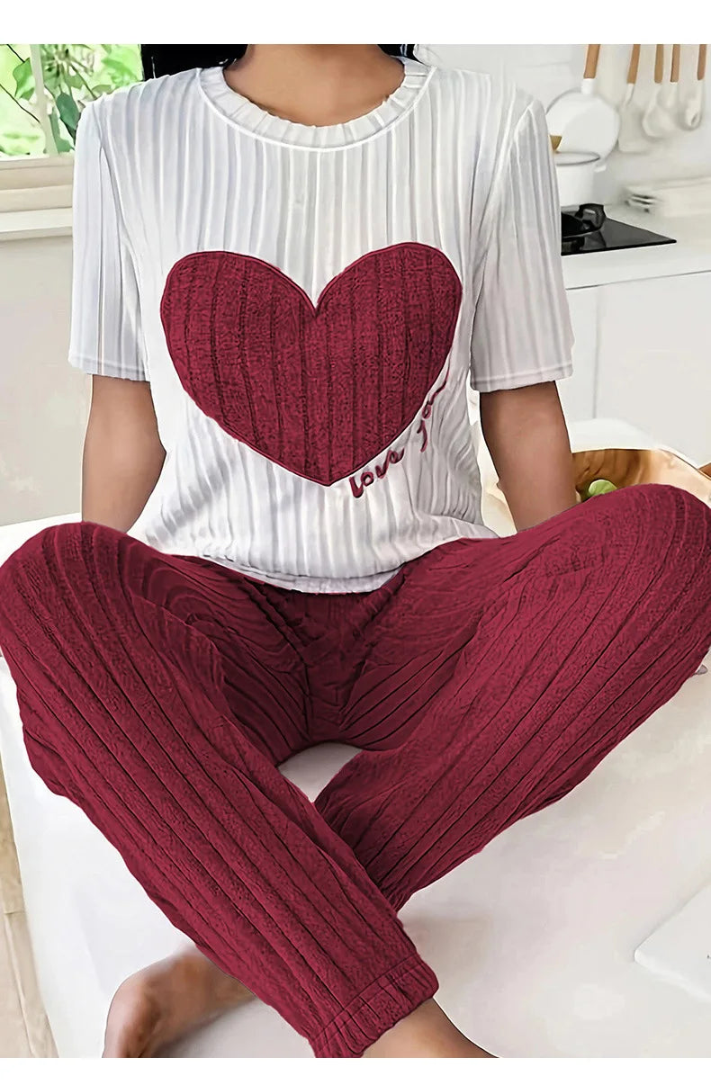 Heart Print Round Neck Short Sleeve Pyjama set
