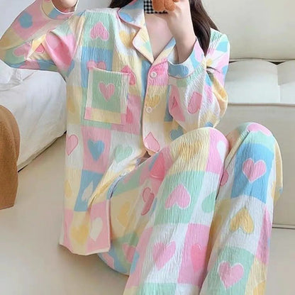 Korean Style Vintage Casual Soft Pajamas Sleepwear Set