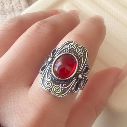 925 Sterling Silver Couple Minimalist Handmade Retro Red Big Stone Ring