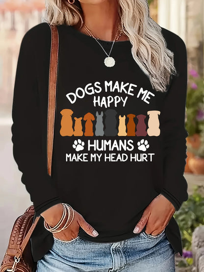 100% Pure Cotton Loose Letter Dog Print Round Neck Long Sleeved T-Shirt