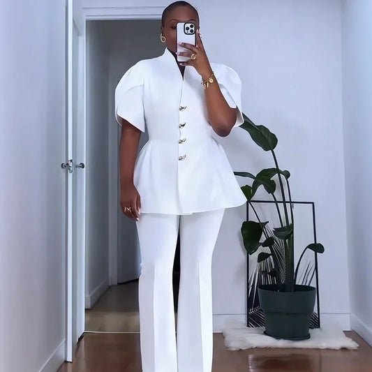 Puff Sleeve Blazer Coat and Wide Leg Pant Set