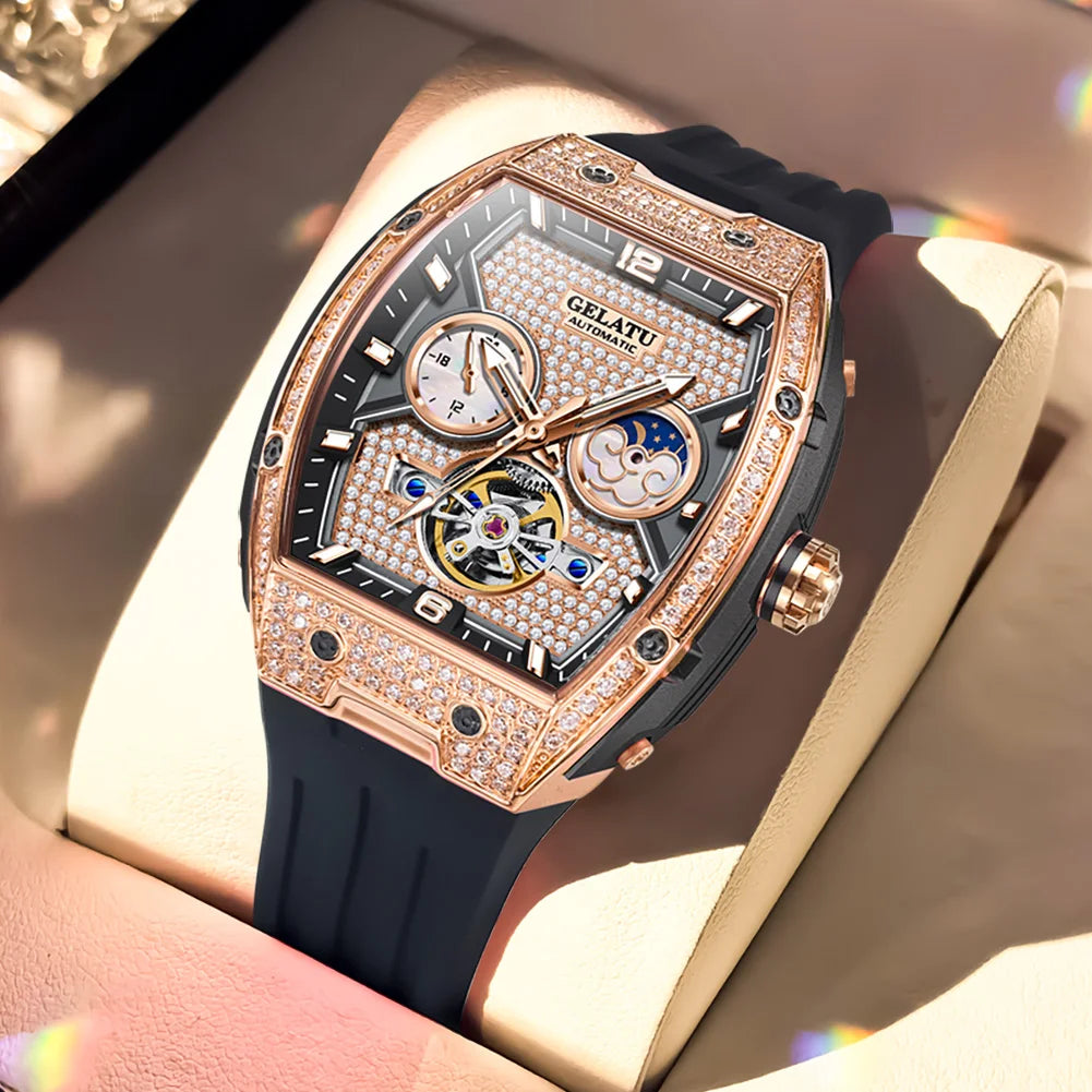 Fully Diamond Luxury Hollowed Moon Phase Waterproof Automatic Mechanical Watches