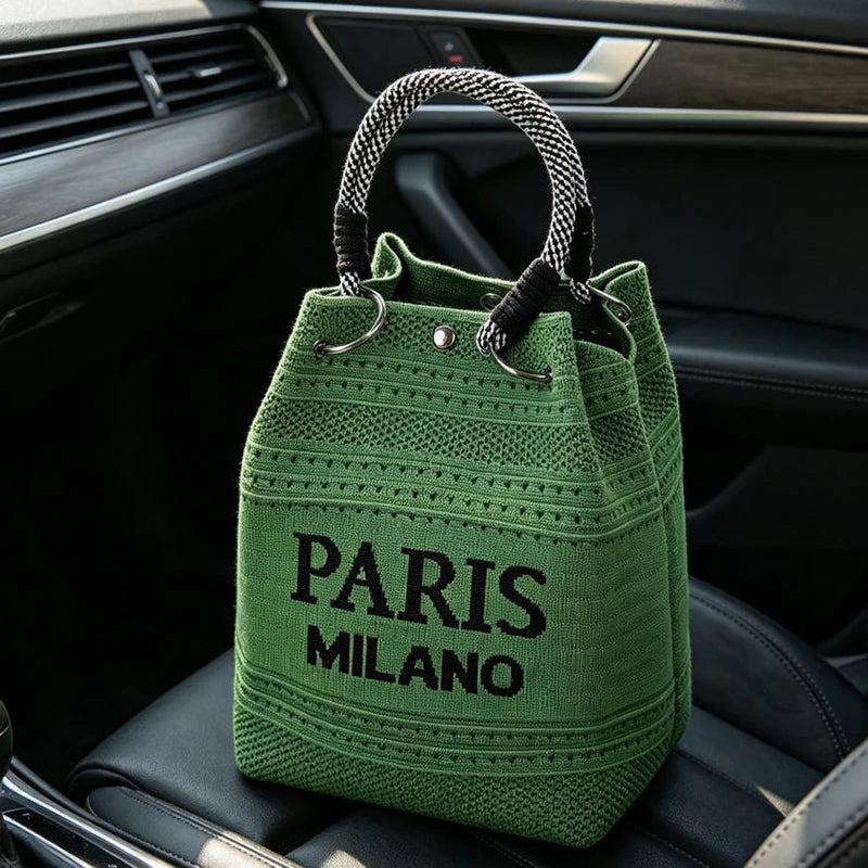 Letter Print Hollow Knit Bucket Lightweight Woven Handbag Small Tote Bag