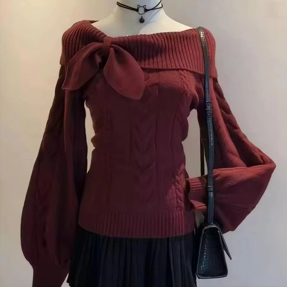 Off‑Shoulder Cable Knit With Bow Long Puff Sleeve Slim Fit Pullover Jumper