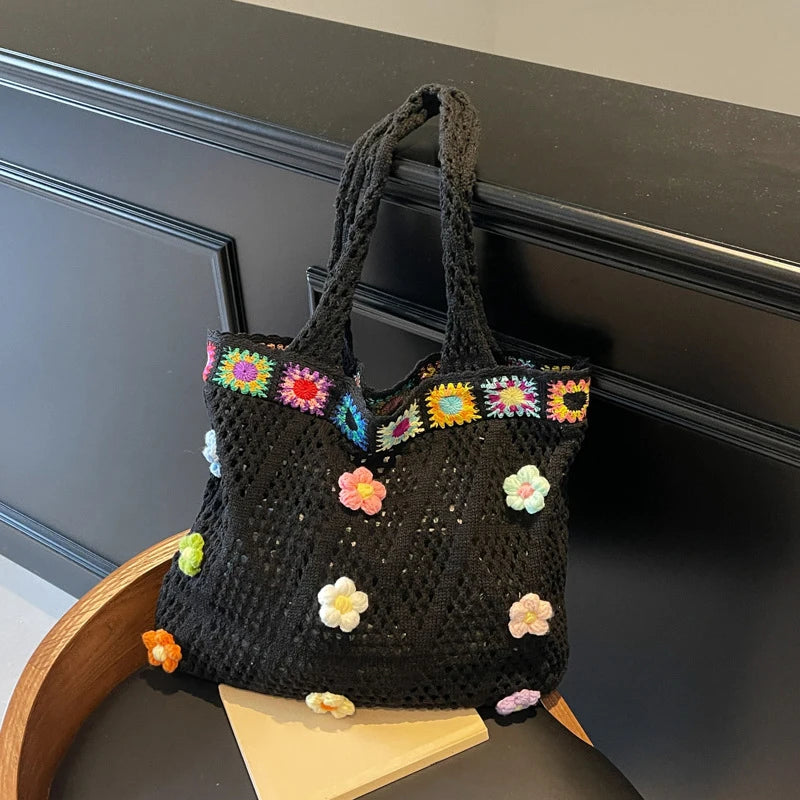 Flower Beach Tote Colorful Beads Floral Trim Natural Straw Crochet Shoulder Bag