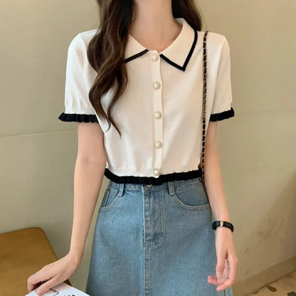Korean Knitted Turn Down Collar Blouse
