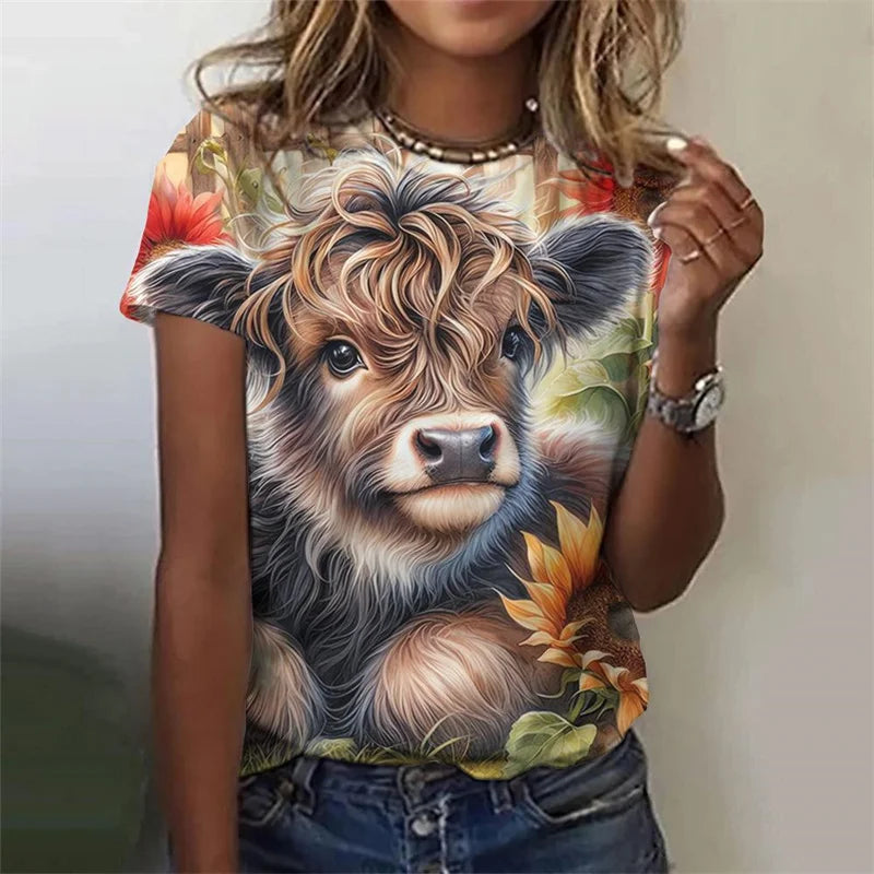 Cute Cow Donkey Pattern Flower Animals 3D Printed T Shirts