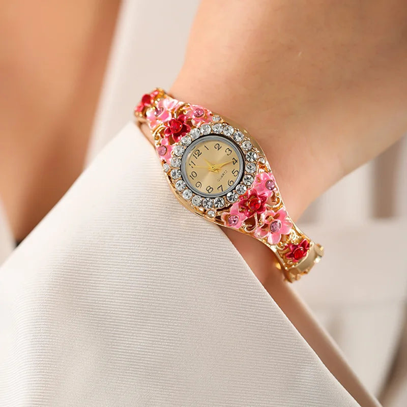 Luxury Watches Retro Elegant Flower Diamond Stainless Steel Quartz Wristwatches