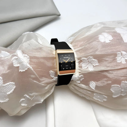 Quartz Rose Gold Square Case Black Silicone Strap Dial Crystal Watch