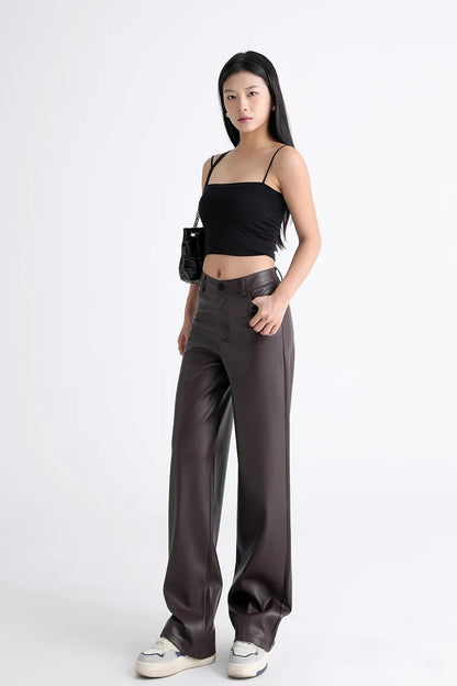 Fall Winter Fleece Loose Wide Leg Leather Pants
