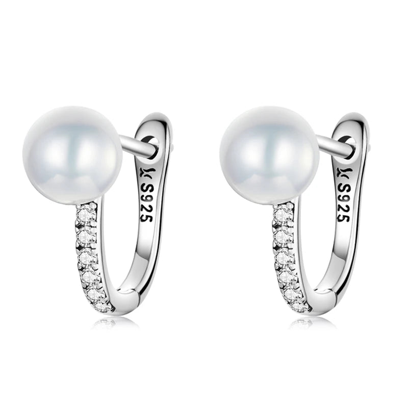 925 Sterling Silver Shell Pearl Shining Zircon Stud Earrings