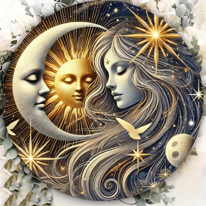 2D Flat Round Wooden Sign Sun And Moon