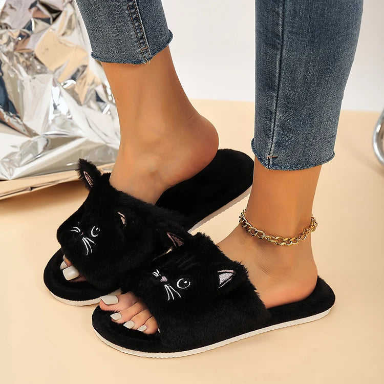 Fluffy Flat Cat Cartoon Luxury Slippers