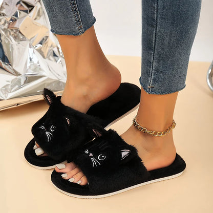 Fluffy Flat Cat Cartoon Luxury Slippers