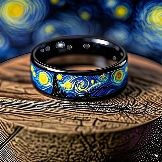Unique Starry Night Pattern Unisex Rings