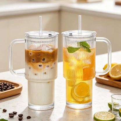 Vertical Striped Glass Cup With Handle Lid Straw Large Drinking Mug