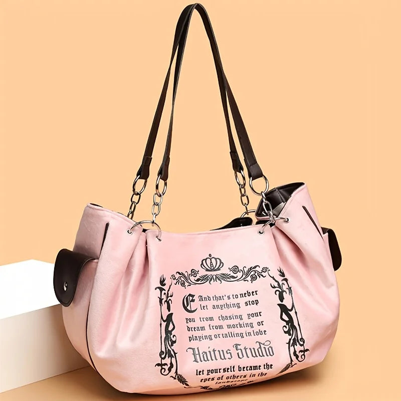 Letter Print Faux Suede Handbag