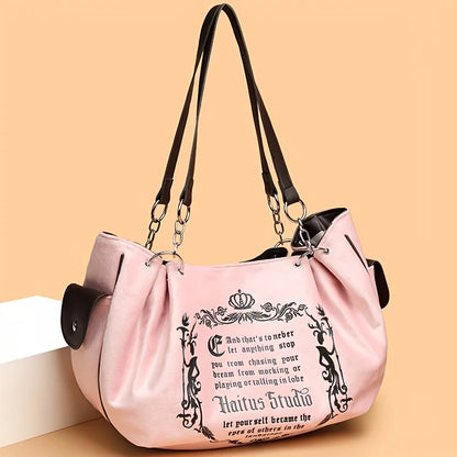 Letter Print Faux Suede Handbag