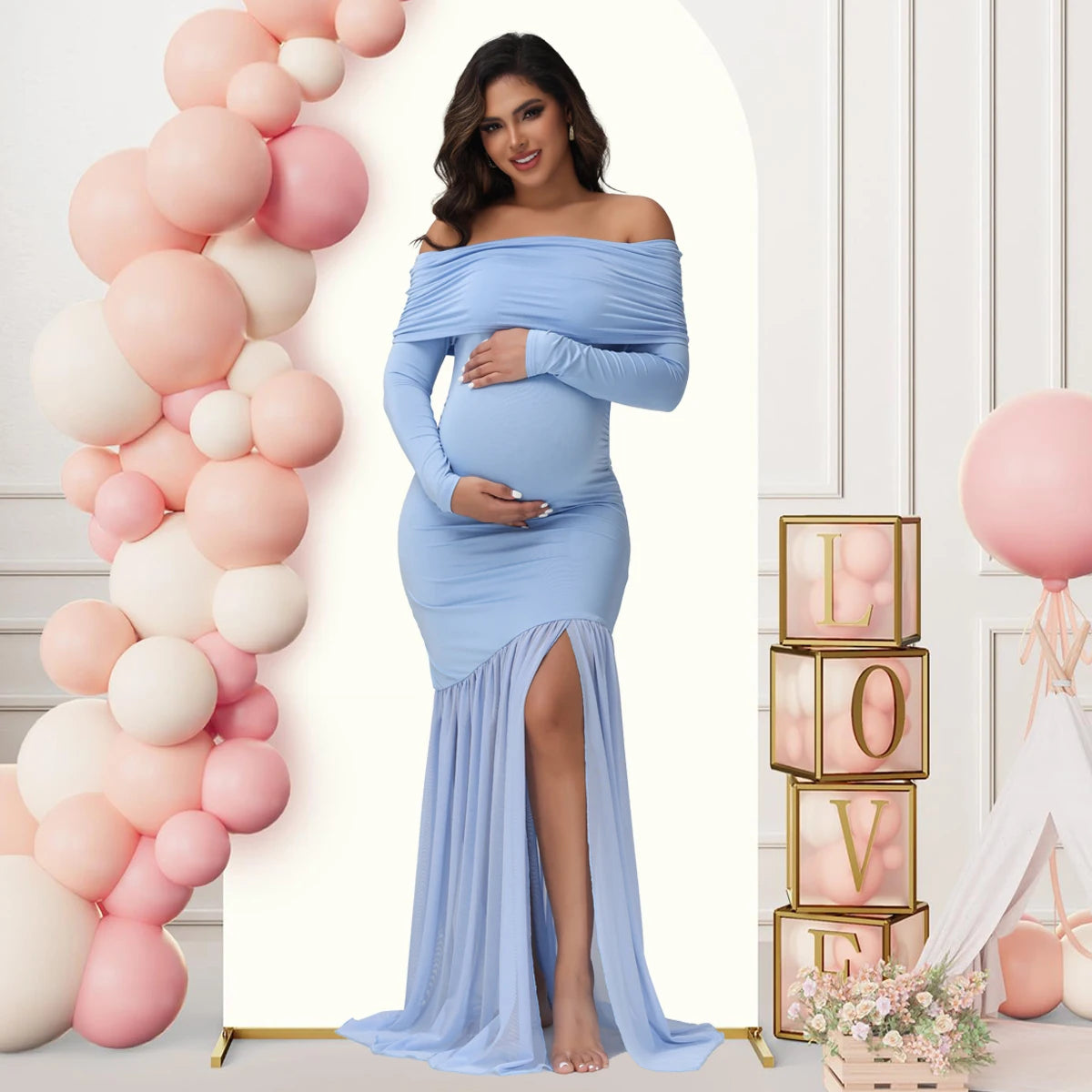 Maternity Off-Shoulder Slits Fishtail Hem For Pregnant