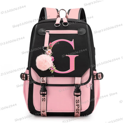 Black Pink Backpacks 26 Initials Flower A-Z Alphabet Large Capacity Students Bookbag
