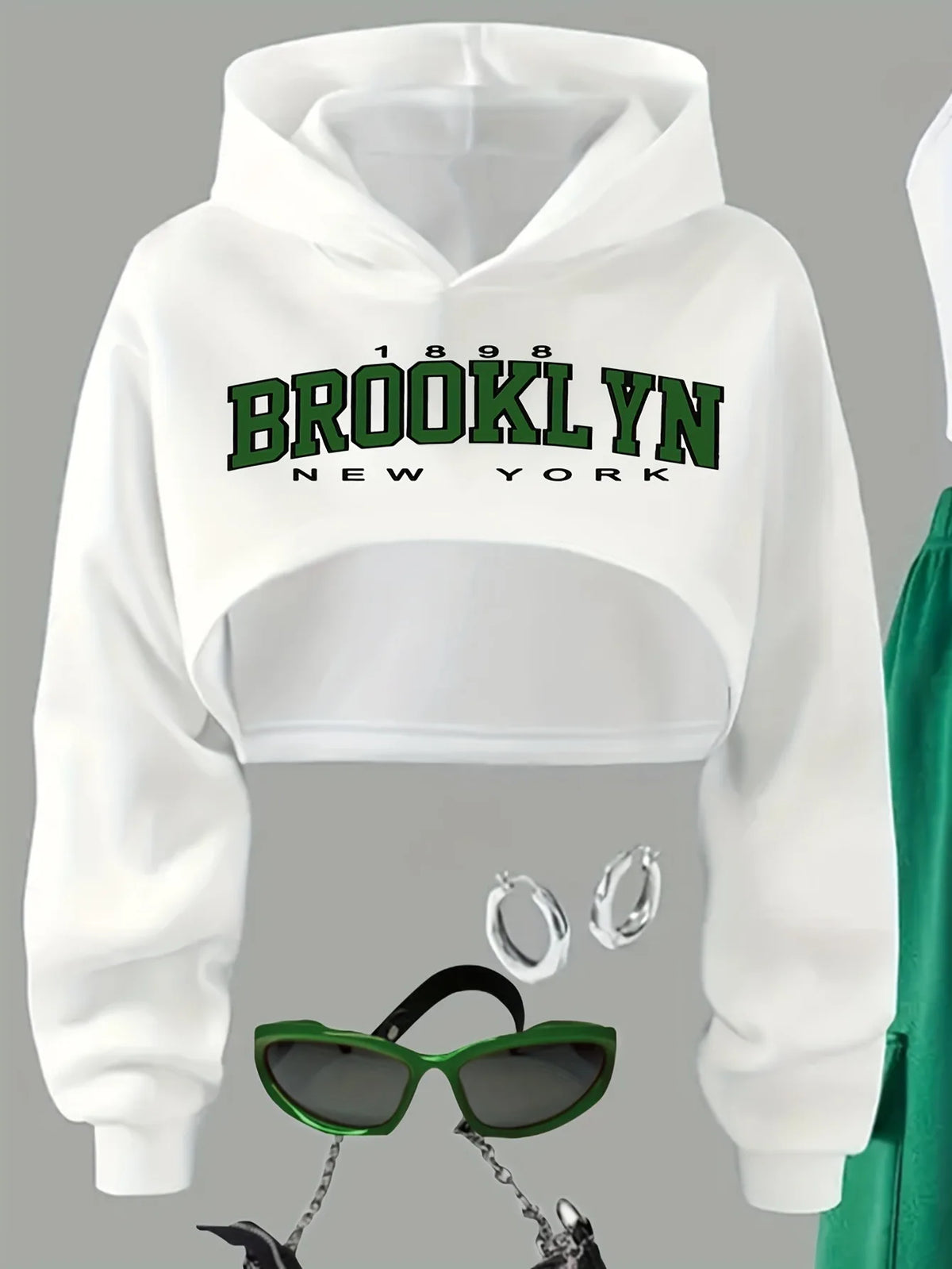 3-Piece "BROOKLYN" Print Cropped Hoodie Tank Top & Green Cargo Sweatpants Set