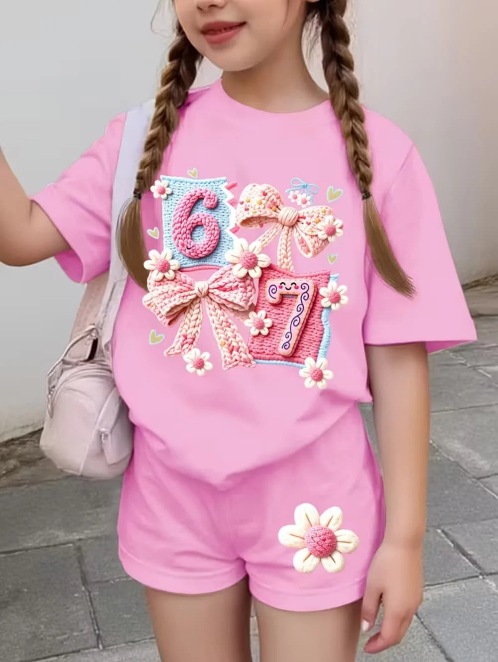 67 Six Seven Cute Bows Flowers Print Short Sleeve T-Shirt Set