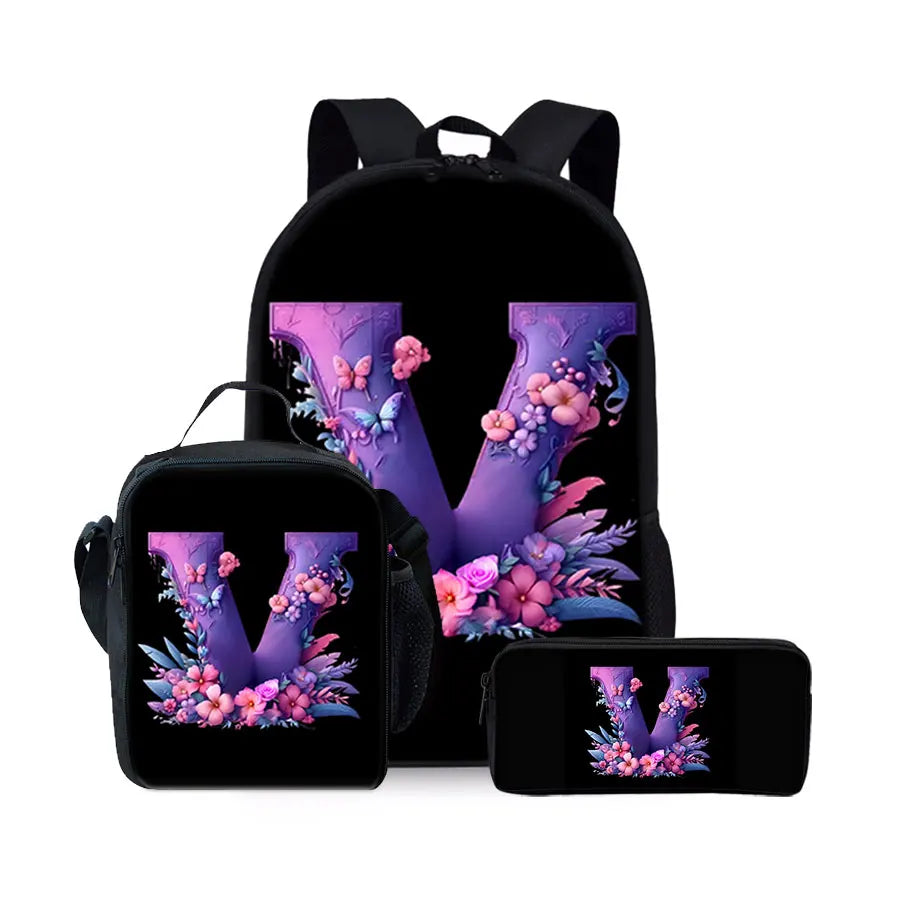 English Alphabet Pattern 2D Flat Cartoon School Backpack Three Piece Set