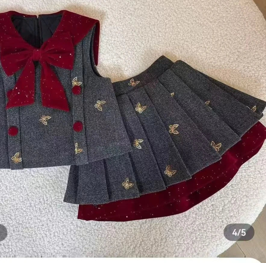 Spring and Autumn Vest Small Fragrance Style Pleated Skirt Set