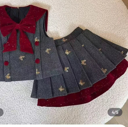 Spring and Autumn Vest Small Fragrance Style Pleated Skirt Set