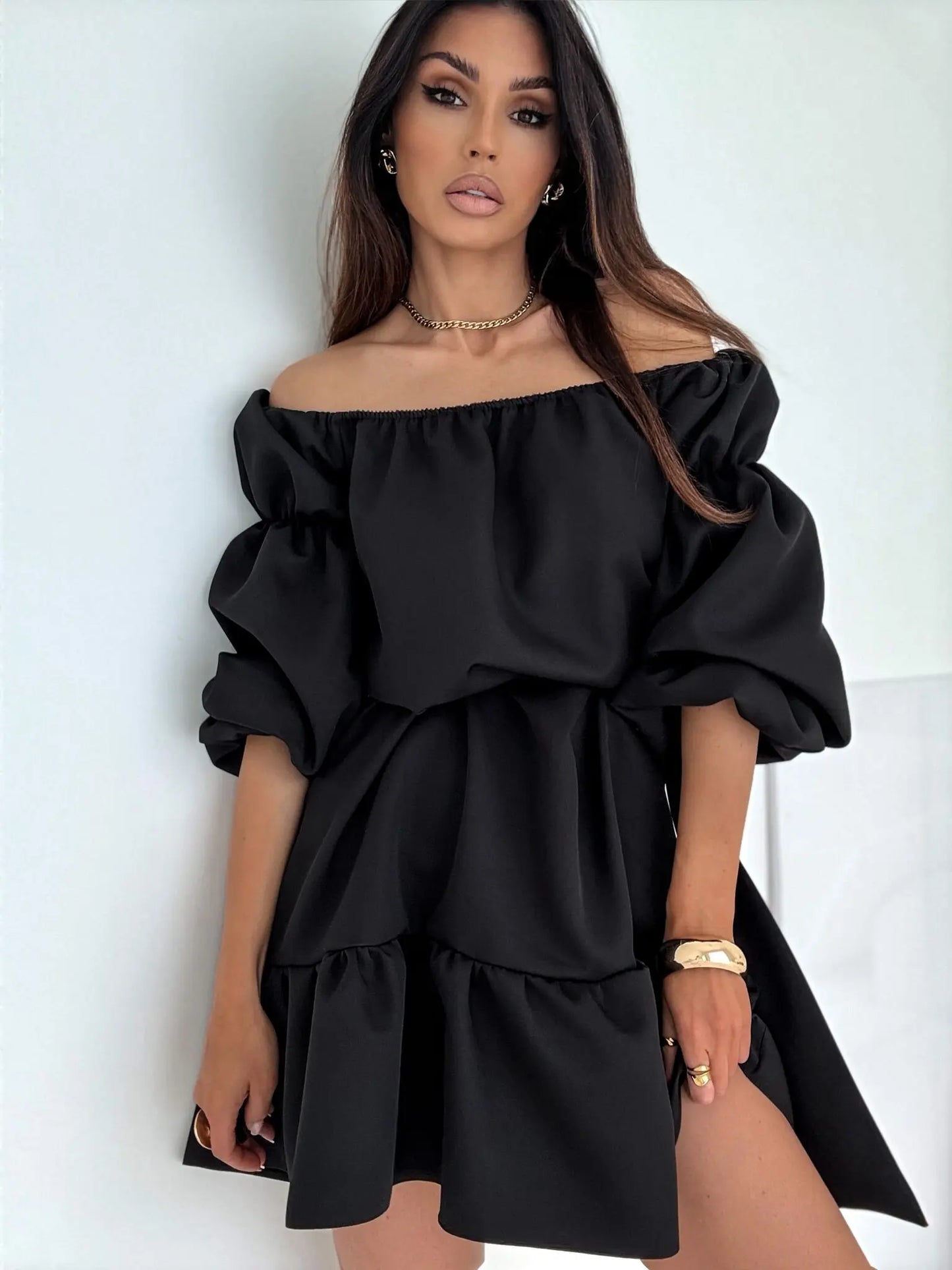 Off Shoulder Puff Sleeve Mini Dress
