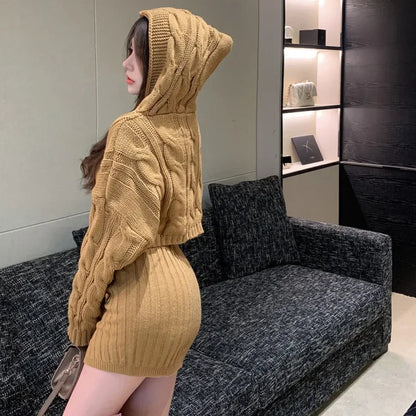 High Waist Hip Knitted Twist Outfits Autumn/Winter Elegant Hooded Pullover Sweater Set
