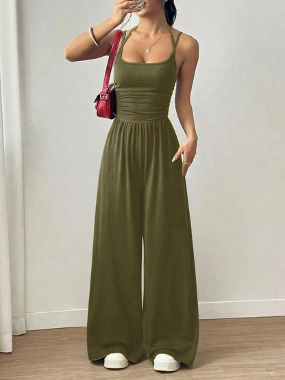 Halter Spaghetti Strap Casual Elastic High Waist Backless Wide Leg Jumpsuits