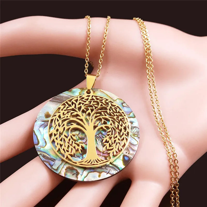 Tree of Life Stainless Steel Abalone Shell Natural Necklace