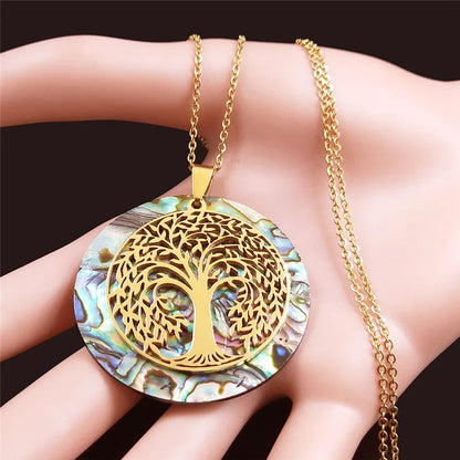 Tree of Life Stainless Steel Abalone Shell Natural Necklace