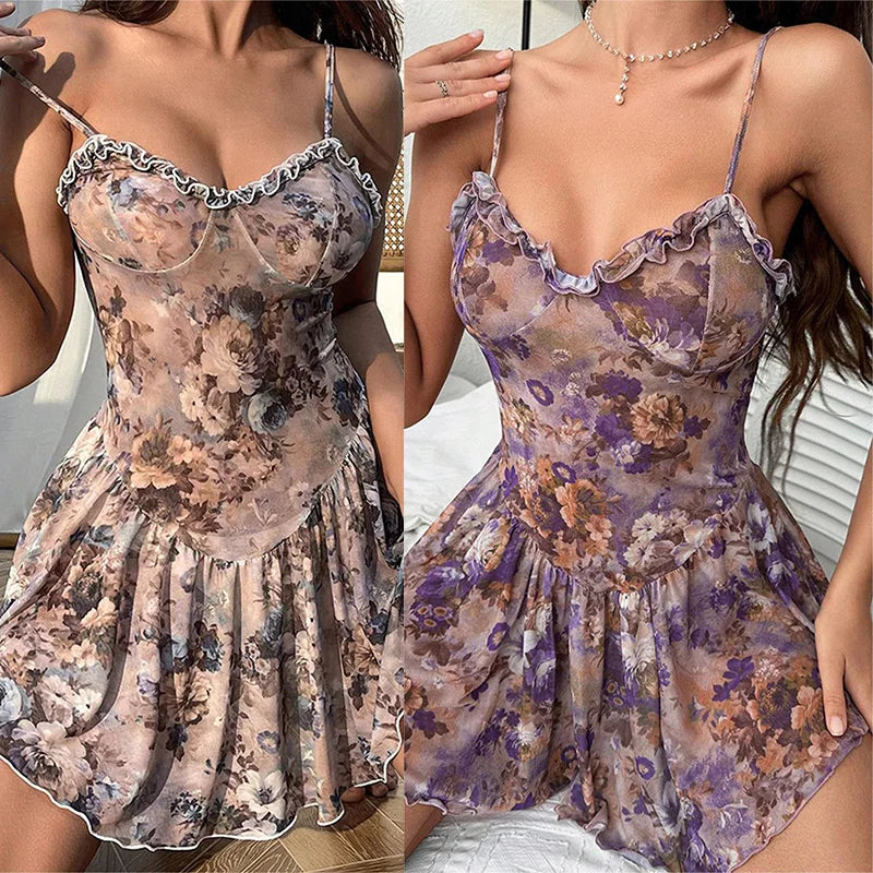 Nightgown Strap tight floral sexy Pajamas dress