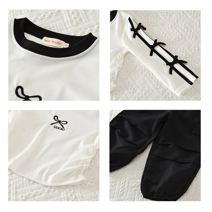 Autumn Red Bow Decoration Letter Embroidery Long Sleeved Pants Set