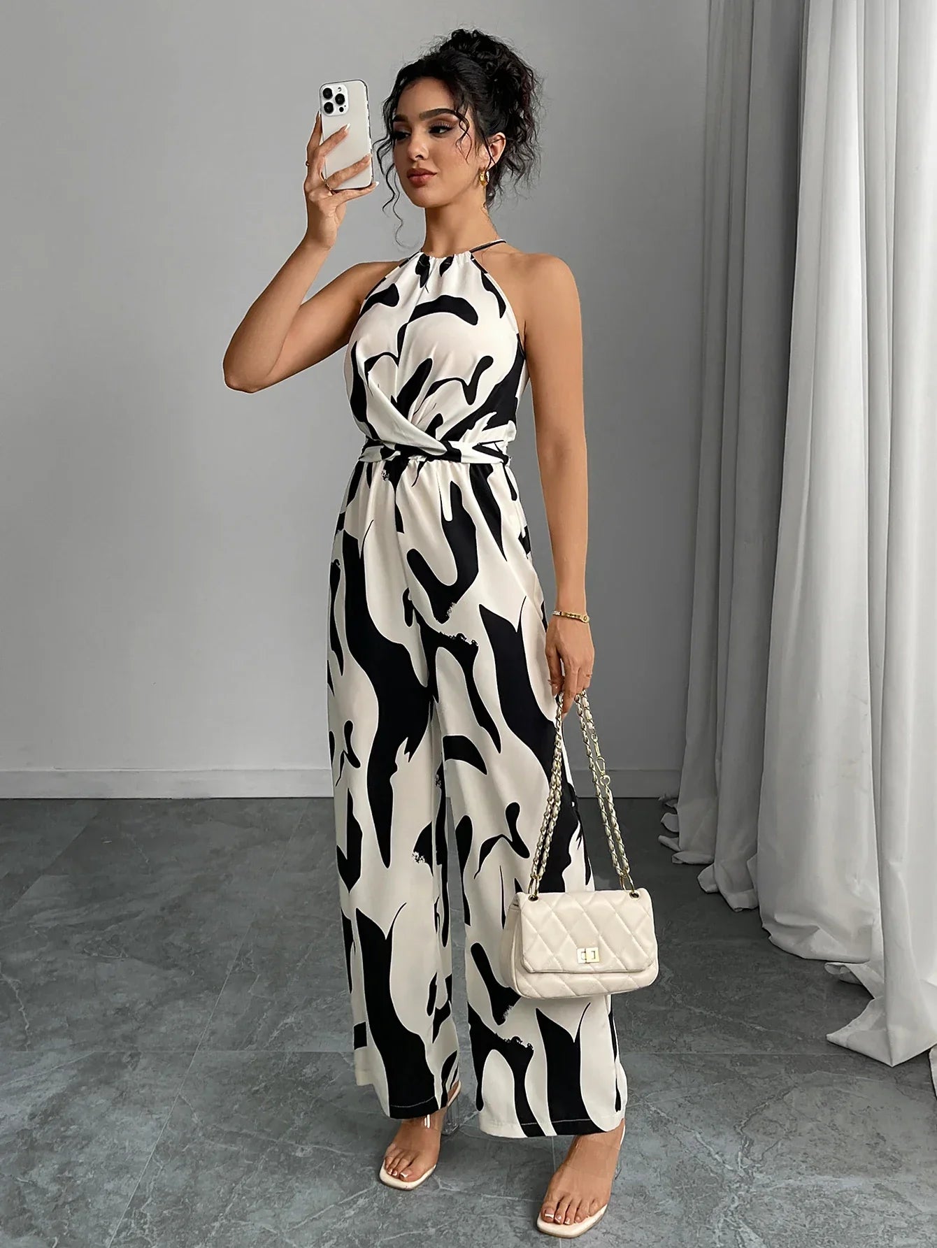 Zebra striped camisole jumpsuit wide leg pants