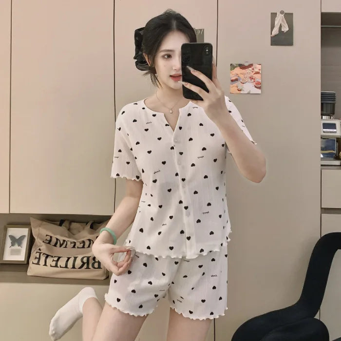 Japanese-Style Knitted Cotton Short-Sleeved Cardigan Thin Sleepwear Pajamas