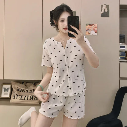Japanese-Style Knitted Cotton Short-Sleeved Cardigan Thin Sleepwear Pajamas