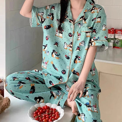 Kawaii Cute Cartoon Little Penguin Print Milk Silk Homewear Sleepwear Pajamas