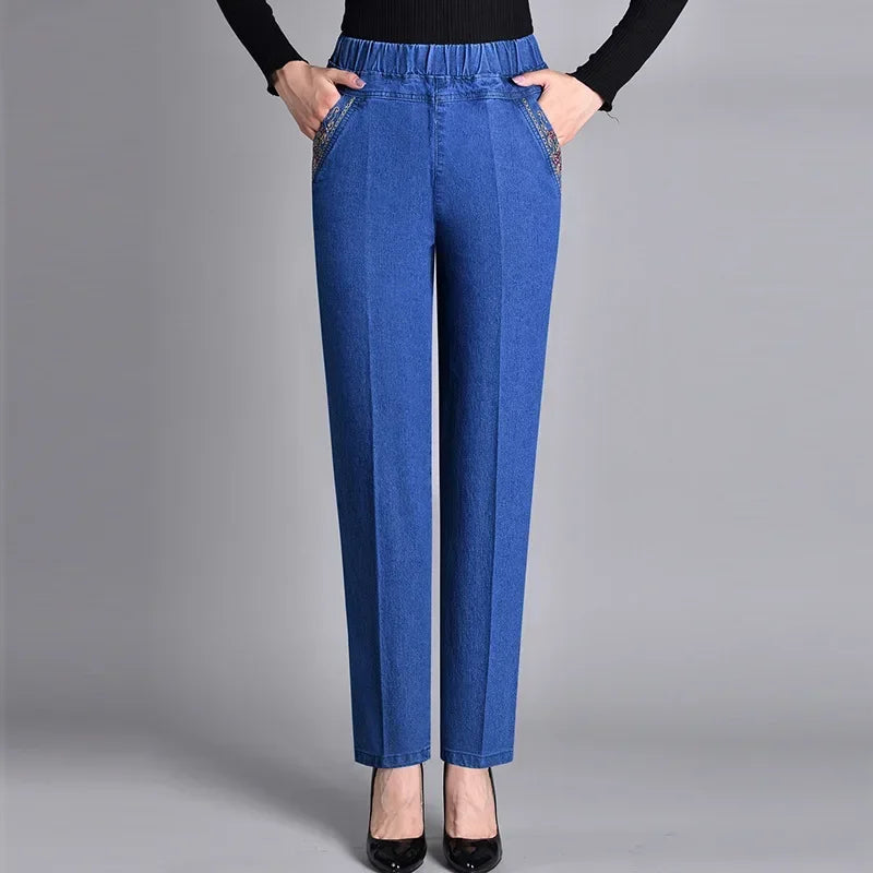 Thin Denim Loose Elastic Waist  Casual High Waist Pans